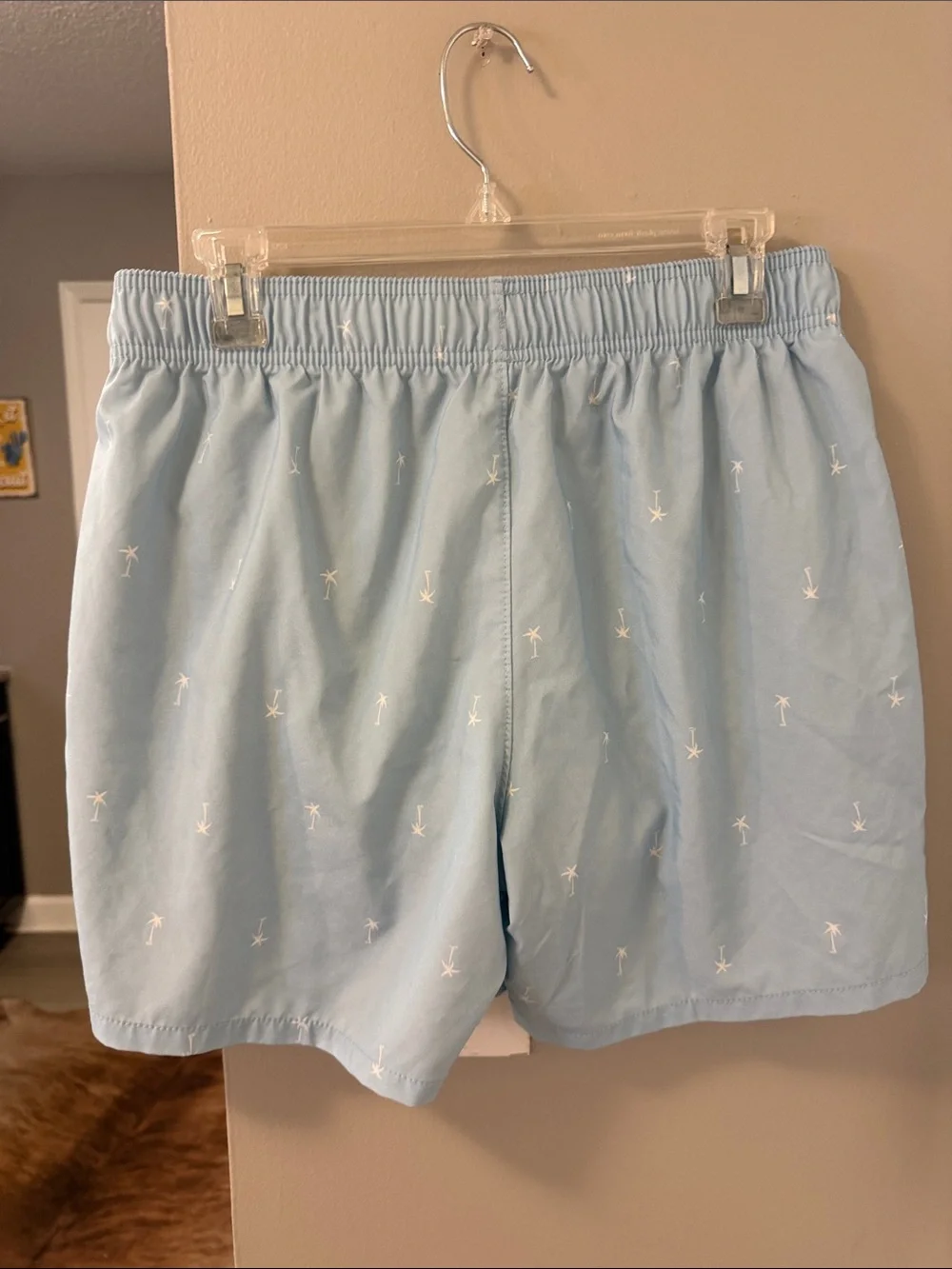 Hollister light blue palm tree pattern mid thigh swim trunks L
